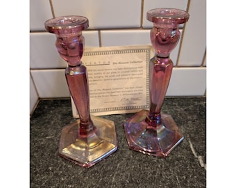 Fenton Museum Collection Pink Iridescent Glass Candlesticks Pair Hexagonal COA
