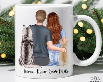 Custom Couple & Dog Mug - Family Portrait Coffee Cup with Pets, Perfect Gift for Dog Lovers, Mom, Dad, Custom Dog Mom Cup