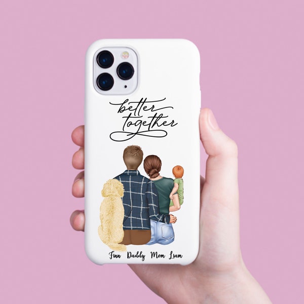 Coque de portable portrait de famille, coque de portable personnalisée, coque de portable personnalisée avec votre famille et vos animaux de compagnie, cadeau personnalisé pour la fête des mères