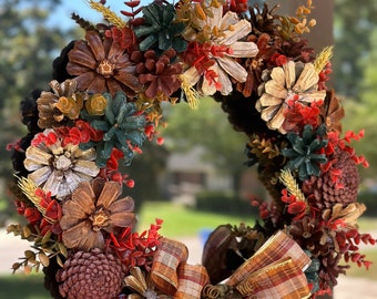 Autumn Splendor- Pinecone Flower Wreath | Rich coppers, greens, reds, and oranges capture the essence of Autumn- Handcrafted one of a kind