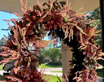 Nature’s Harvest: Maroon Pinecone Flower Wreath - Handcrafted, One of a Kind Door Decor for Fall and Nature Enthusiasts