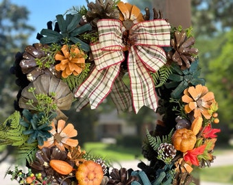 Autumn Harvest- Pinecone Flower Wreath-Traditional Autumn Hues, Elegant Chic, Handcrafted Nature Lover’s Delight