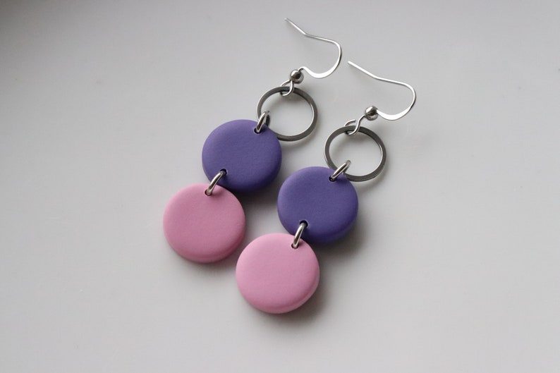 purple-pink polymer clay earrings, stainless steel, handmade. image 9