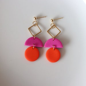 Pink orange earrings, polymer clay earrings.