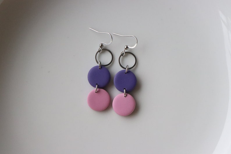 purple-pink polymer clay earrings, stainless steel, handmade. image 8