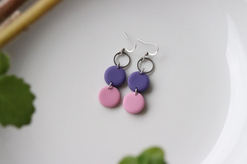 purple-pink polymer clay earrings, stainless steel, handmade. image 4