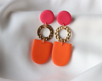 Pink-orange earrings, polymer clay earrings, handmade.