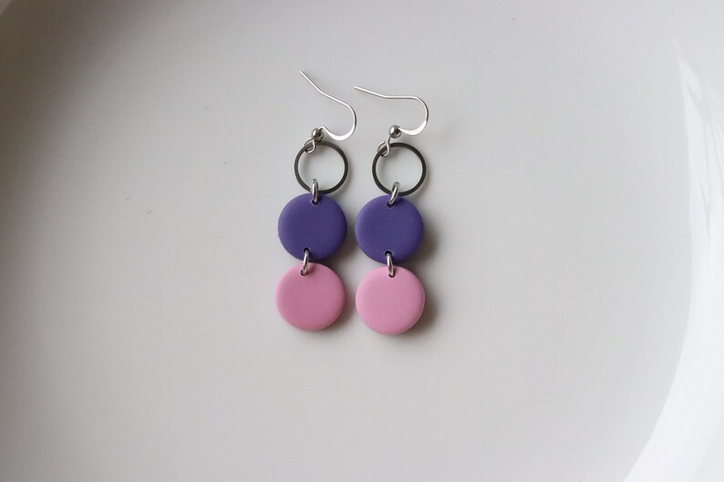 purple-pink polymer clay earrings, stainless steel, handmade. image 5