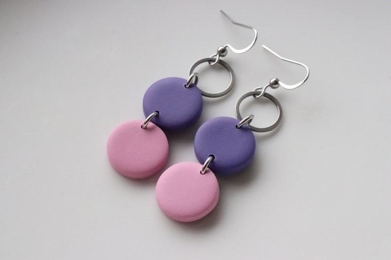 purple-pink polymer clay earrings, stainless steel, handmade. image 2