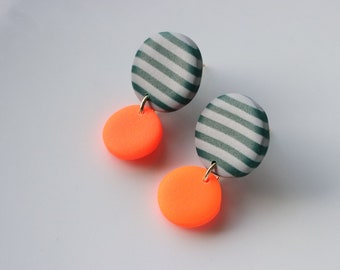 Green-grey and neon orange polymer clay earrings, mini earrings.