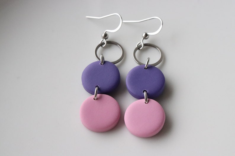 purple-pink polymer clay earrings, stainless steel, handmade. image 3