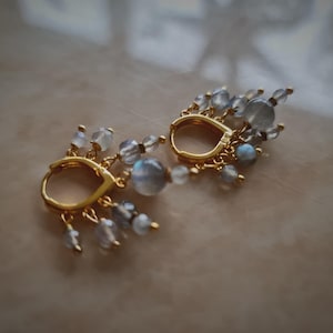 Labradorite earrings gold-Labradorite jewelry-dainty gold dangle earrings-small hoop earrings-huggie hoop earrings-blue flash Labradorite