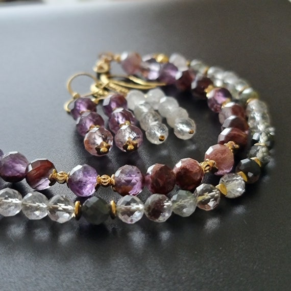 Phantom Quartz Jewelry Set: Amethyst & Green Quartz Bracelet Earrings
