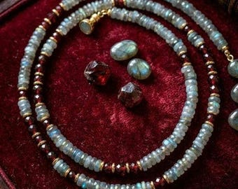 Labradorite Garnet beaded necklace magnetic clasp-unisex necklace-mens necklace-natural Labradorite-blue Labradorite-Labradorite necklace