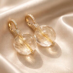 Golden Rutilated Quartz Drop Earrings with charm-Small Gold Huggie Hoops detachable charm-simple drop earrings-Quartz earrings
