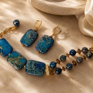 Pulsera de jaspe azul - Pendientes gruesos - Pulsera llamativa - Pulsera de piedra azul - Joyería de jaspe - Pendientes grandes - Pulsera gruesa - Ajustable Set