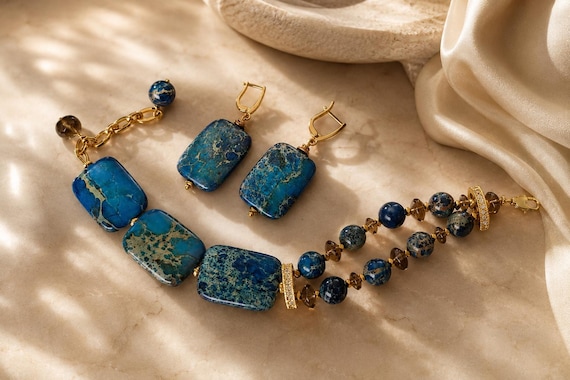 Blue Jasper-Jasper Bracelet-Chunky Earrings-Statement Bracelet-Blue stone bracelet-Jasper Jewelry-Large earrings-Chunky bracelet-Adjustable