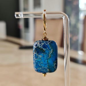 Pulsera de jaspe azul - Pendientes gruesos - Pulsera llamativa - Pulsera de piedra azul - Joyería de jaspe - Pendientes grandes - Pulsera gruesa - Ajustable imagen 8