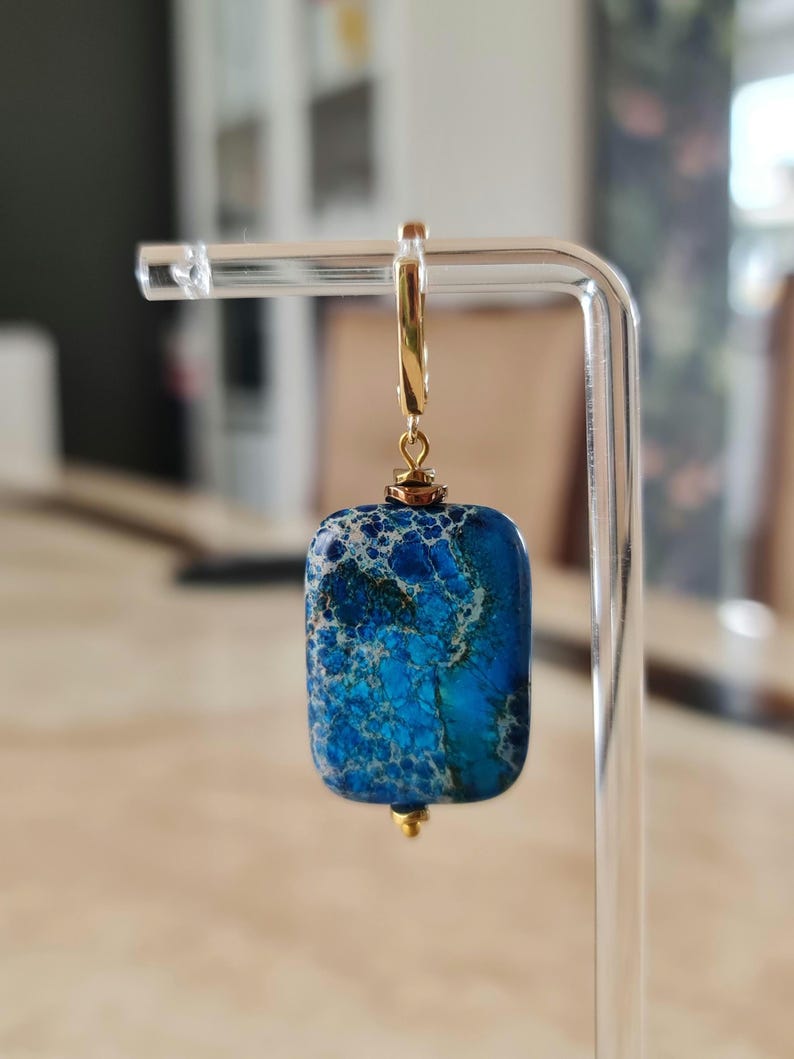 Pulsera de jaspe azul - Pendientes gruesos - Pulsera llamativa - Pulsera de piedra azul - Joyería de jaspe - Pendientes grandes - Pulsera gruesa - Ajustable imagen 8