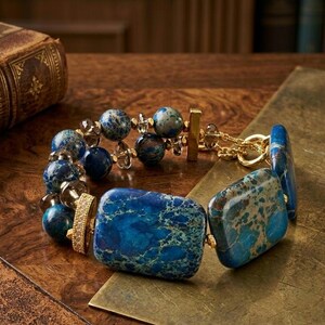 Pulsera de jaspe azul - Pendientes gruesos - Pulsera llamativa - Pulsera de piedra azul - Joyería de jaspe - Pendientes grandes - Pulsera gruesa - Ajustable Bracelet