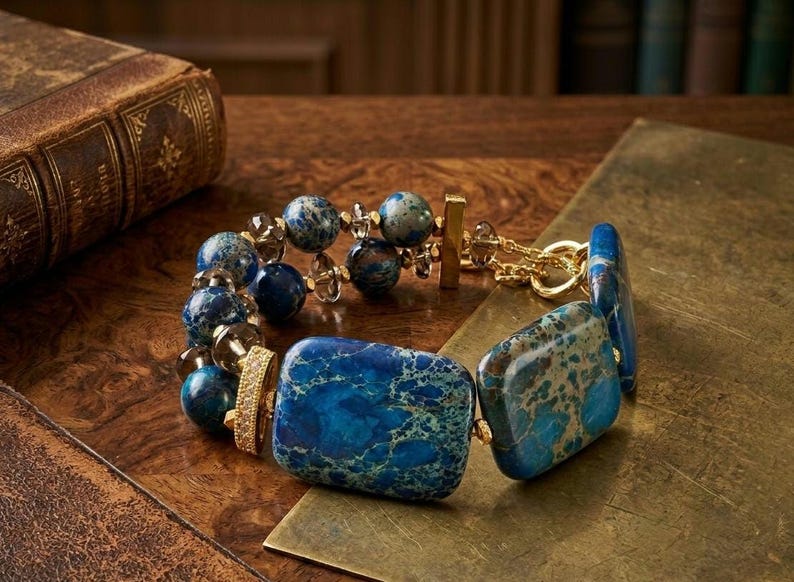 Pulsera de jaspe azul - Pendientes gruesos - Pulsera llamativa - Pulsera de piedra azul - Joyería de jaspe - Pendientes grandes - Pulsera gruesa - Ajustable Bracelet
