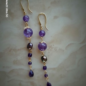 Amethyst gold dangle earrings-long dangle earrings-Amethyst earrings-purple pearl accent- February jewelry-purple earrings-gold drop earring
