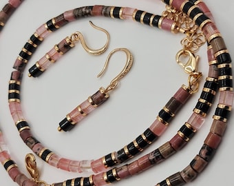 Set di bracciale e orecchini in rodonite: gioielli in agata e tormalina