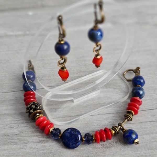 Parure de bijoux en lapis lazuli et corail rouge, boucles d'oreilles pendantes en lapis lazuli, ensemble cadeau bracelet en pierres précieuses, bracelet en lapis lazuli