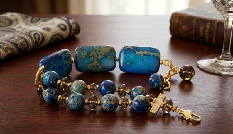 Puede incluir: Una pulsera de varias hebras con grandes cuentas rectangulares de piedra veteada azul y verde, cuentas redondas m&aacute;s peque&ntilde;as de piedra veteada azul y espaciadores de cuarzo ahumado transl&uacute;cido, con eslabones y cierre de tono dorado.