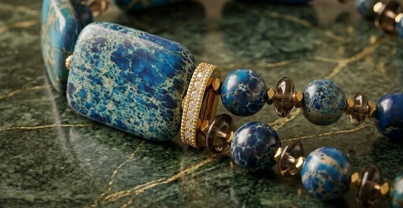 Puede incluir: Una pulsera con cuentas de piedra veteada en azul y turquesa, de formas rectangulares y esf&eacute;ricas, realzada con peque&ntilde;os espaciadores facetados transparentes y una pieza de uni&oacute;n cil&iacute;ndrica dorada con una hilera de peque&ntilde;as piedras claras.