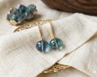 Fluorite Earrings-Green Fluorite-Rainbow Fluorite-Blue Fluorite-french hook earrings-gold plated earrings-Fluorite crystal-teal earrings