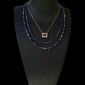 Lapis Lazuli gold necklace-blue lapis-lapis lazuli pendant necklace-stainless steel chain-rectangular pendant-September birthstone necklace