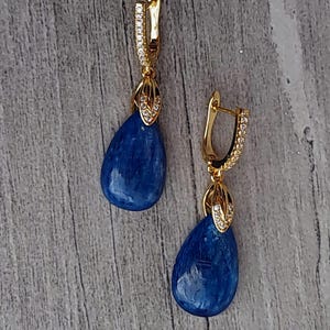 Blue Kyanite earrings-Large drop earrings-blue stone earrings-gold earrings-Kyanite jewelry-Kyanite earrings gold-tear drop earrings