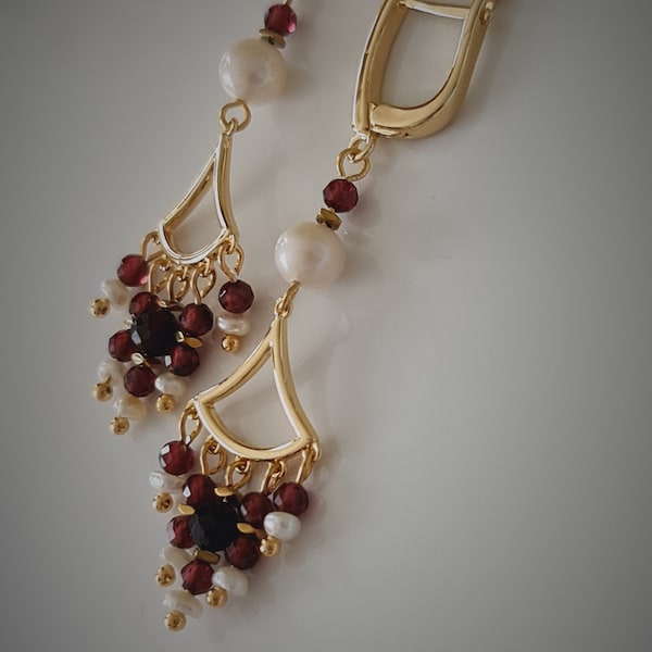 Garnet earrings gold-Garnet & Freshwater pearl earrings-January birthday earring-Garnet jewelry-birthstone drop earrings-dainty red earrings