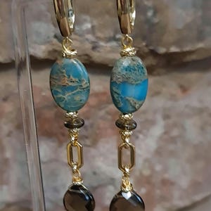 Ocean Jasper Smoky quartz  earrings gold-blue Jasper earrings-Long dangle earrings-oval Drop earrings-blue and gold earrings-Jasper jewelry