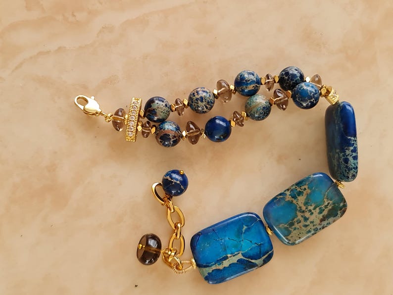 Pulsera de jaspe azul - Pendientes gruesos - Pulsera llamativa - Pulsera de piedra azul - Joyería de jaspe - Pendientes grandes - Pulsera gruesa - Ajustable imagen 15