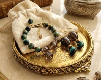 Bracciale con orecchini in occhio di tigre e quarzo fumé in oro - Orecchini in occhio di tigre - Orecchini in quarzo fumé - Set regalo con bracciale con pietre preziose - Bracciale in occhio di tigre blu