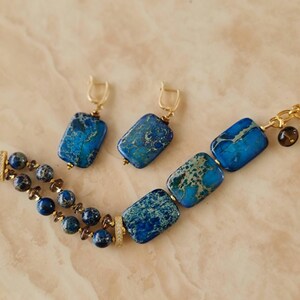Pulsera de jaspe azul - Pendientes gruesos - Pulsera llamativa - Pulsera de piedra azul - Joyería de jaspe - Pendientes grandes - Pulsera gruesa - Ajustable imagen 17