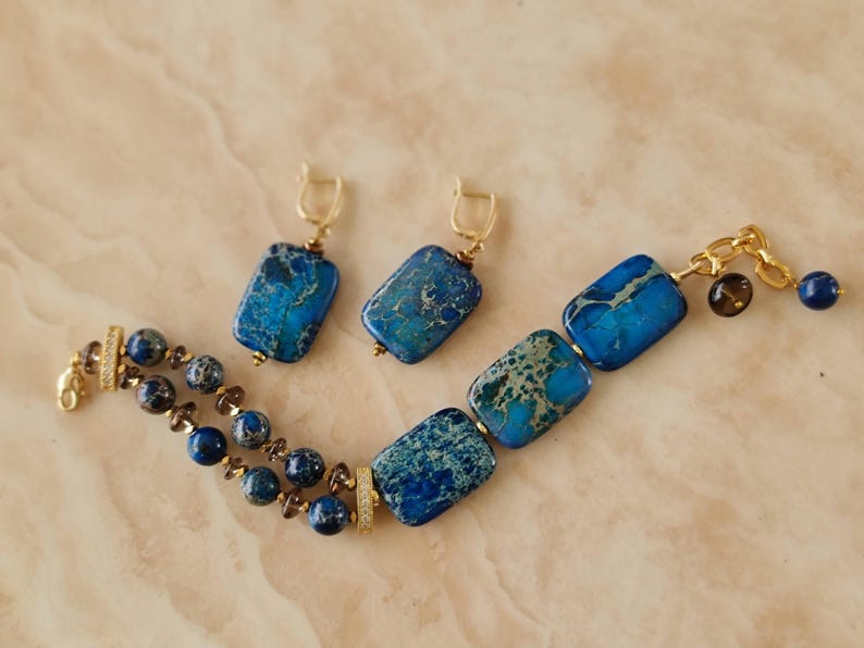 Pulsera de jaspe azul - Pendientes gruesos - Pulsera llamativa - Pulsera de piedra azul - Joyería de jaspe - Pendientes grandes - Pulsera gruesa - Ajustable imagen 17
