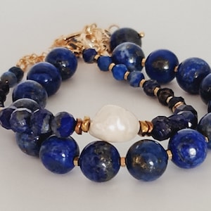 Pulseira de pérola de água doce Lápis-lazúli-pulseira de ouro-pulseira azul-pedra de nascimento de setembro-joias de Lápis-lazúli-pulseira de Lápis