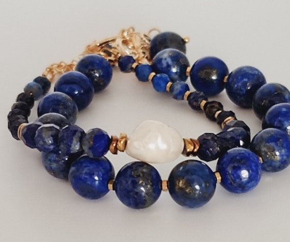 Bracciale In Lapislazzuli Con Perle D'acqua Dolce-bracciale In Oro-bracciale Blu-pietra Portafortuna Di Settembre-gioielli In Lapislazzuli-bracciale In Lapislazzuli - Italia - Foto 2