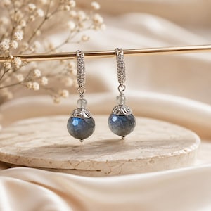 May include: A pair of silver earrings with faceted, blue-gray labradorite gemstone drops. The earrings have a decorative silver cap and a small, clear bead above the gemstone. The earring hoops are encrusted with small, clear stones. The earrings are displayed on a gold bar.