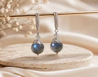 Labradorite earrings silver-small hoops-silver chain earrings-Labradorite jewelry-gem drop earrings-everyday earrings-small hoop earrings
