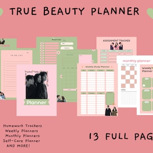 以下が含まれることがあります： ピンクと緑の色合いの、自己ケア、毎週および毎月の計画、宿題の追跡のためのさまざまなレイアウトを備えた、印刷可能なプランナーページのコレクション。「TRUE BEAUTY PLANNER」というテキストが上部にあり、「13 FULL PAGES」が下部にあります。