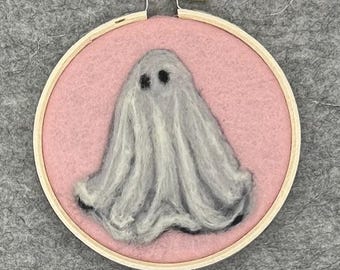 Cute ghost needle felted made of wool.  Pink ghost ornament, Halloween ghost decoration, Felted ghost painting, Halloween tree decor