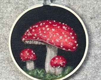 Mushroom needle felted wool painting. Fiber Art Mushroom, Gardener and nature lover gift, Good luck mushroom ornament, Fungi wool painting.