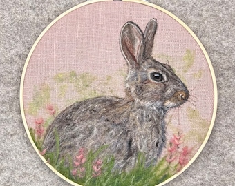 Needle Felted Bunny Portrait, Wool Rabbit Painting in Hoop