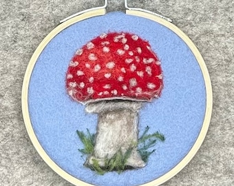 Mushroom needle felted painting made of wool. Good luck mushroom art. Fungi wool art. Felted nature wool painting, Gardener and nature gift