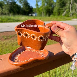 Hartvormige koffiekop en bordenset / kleimok hartvorm / kleikopjes / Jarritos Mexicanos / Tazas Artesanales / Artesanias Mexicanas keramiek
