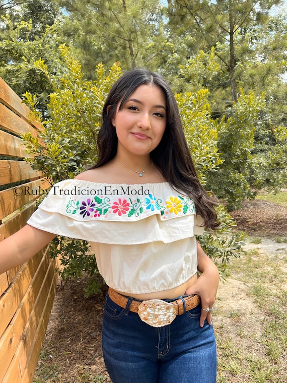 Ropa Mexicana Blusas Bordadas Artesanales Top De Lino Color Rosa - Main Image